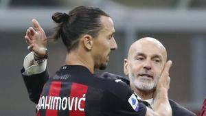 AC Milan manager Stefano Pioli, right, congratulates Zlatan Ibrahimovic(AP) AC Milan manager Stefano Pioli, right, congratulates Zlatan Ibrahimovic(AP)