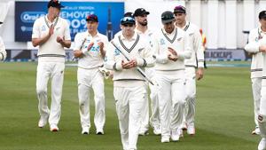 New Zealand’s captain Tom Latham (C) leads his team from the field after their series win against West Indies(Getty Images) New Zealand’s captain Tom Latham (C) leads his team from the field after their series win against West Indies(Getty Images)