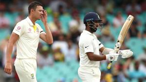Josh Hazlewood reacts after bowling to CHeteshwar Pujara.(Getty Images) Josh Hazlewood reacts after bowling to CHeteshwar Pujara.(Getty Images)