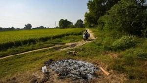 A view of the spot where the body of the victim was cremated in Bool Garhi, Hathras, Uttar Pradesh, India, on Saturday, October 3, 2020.(Amal KS/HT Photo) A view of the spot where the body of the victim was cremated in Bool Garhi, Hathras, Uttar Pradesh, India, on Saturday, October 3, 2020.(Amal KS/HT Photo)