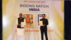 AIFF President Praful Patel and Sports Minister Kiren Rijiju during the launch of India’s bid book for the 2027 AFC Asian Cup(AIFF Photo) AIFF President Praful Patel and Sports Minister Kiren Rijiju during the launch of India’s bid book for the 2027 AFC Asian Cup(AIFF Photo)