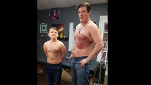 Edmonton-based Derek Prue Sr was inspired to get inked after noticing his son did not want to take off his shirt when he went swimming.(Facebook/@Juicy Quill Tattoos) Edmonton-based Derek Prue Sr was inspired to get inked after noticing his son did not want to take off his shirt when he went swimming.(Facebook/@Juicy Quill Tattoos)