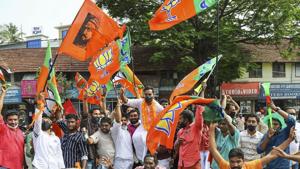 BJP workers celebrate during counting day of Kerala local body elections, in Kozhikode.(PTI file photo) BJP workers celebrate during counting day of Kerala local body elections, in Kozhikode.(PTI file photo)
