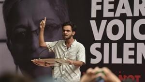 Former JNU student Umar Khalid participating in a protest called Not In My Name against the killing of senior journalist Gauri Lankesh at jantar mantar in New Delhi in 2017.(Ravi Choudhary/HT PHOTO)