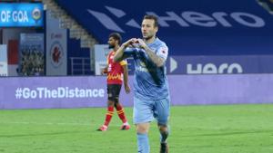 Adam Le Fondre of Mumbai City FC celebrate a goal during match 13 of the 7th season of the Hero Indian Super League between Mumbai City FC and SC East Bengal held at the GMC Stadium Bambolim, Goa, India(ISL) Adam Le Fondre of Mumbai City FC celebrate a goal during match 13 of the 7th season of the Hero Indian Super League between Mumbai City FC and SC East Bengal held at the GMC Stadium Bambolim, Goa, India(ISL)