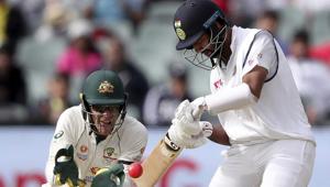 India's Cheteshwar Pujara bats on day 1 of the first Test match against Australia in Adelaide.(AP) India's Cheteshwar Pujara bats on day 1 of the first Test match against Australia in Adelaide.(AP)