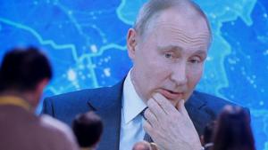 Journalists sit in front of an electronic screen during Russian President Vladimir Putin's annual end-of-year news conference, held online in a video conference mode, in Moscow, Russia.(REUTERS) Journalists sit in front of an electronic screen during Russian President Vladimir Putin's annual end-of-year news conference, held online in a video conference mode, in Moscow, Russia.(REUTERS)