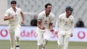 Australia's Mitchell Starc, center, celebrate with teammates after bowling India's Prithvi Shaw during their cricket test match at the Adelaide Oval in Adelaide, Australia, Thursday, Dec. 17, 2020.(AP) Australia's Mitchell Starc, center, celebrate with teammates after bowling India's Prithvi Shaw during their cricket test match at the Adelaide Oval in Adelaide, Australia, Thursday, Dec. 17, 2020.(AP)