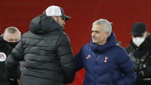 Soccer Football - Premier League - Liverpool v Tottenham Hotspur - Anfield, Liverpool, Britain - December 16, 2020 Liverpool manager Juergen Klopp and Tottenham Hotspur manager Jose Mourinho after the match(Pool via REUTERS) Soccer Football - Premier League - Liverpool v Tottenham Hotspur - Anfield, Liverpool, Britain - December 16, 2020 Liverpool manager Juergen Klopp and Tottenham Hotspur manager Jose Mourinho after the match(Pool via REUTERS)