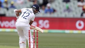 India's Prithvi Shaw turns to see he's bowled on the second delivery from Australia during their cricket test match at the Adelaide Oval in Adelaide, Australia, Thursday, Dec. 17, 2020.(AP) India's Prithvi Shaw turns to see he's bowled on the second delivery from Australia during their cricket test match at the Adelaide Oval in Adelaide, Australia, Thursday, Dec. 17, 2020.(AP)