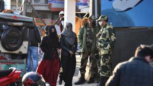 BSF personnel patrol Shaheen Bagh on Wednesday, a year after the anti-CAA protests began(Raj K Raj/HT PHOTO) BSF personnel patrol Shaheen Bagh on Wednesday, a year after the anti-CAA protests began(Raj K Raj/HT PHOTO)