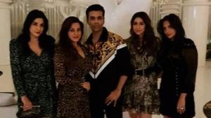 Fabulous Lives of Bollywood Wives stars Seema Khan, Maheep Kapoor, Bhavana Pandey and Neelam Kothari Soni pose with Karan Johar.