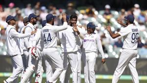 India's players celebrate the wicket of Australia's Matthew Wade on the second day of their cricket test match at the Adelaide Oval in Adelaide, Australia, Friday, Dec. 18, 2020.(AP) India's players celebrate the wicket of Australia's Matthew Wade on the second day of their cricket test match at the Adelaide Oval in Adelaide, Australia, Friday, Dec. 18, 2020.(AP)