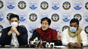 New Delhi, India - Dec. 13, 2020: Aam Aadmi Party (AAP) MLA Atishi (C) and Raghav Chadha (L) during a press conference at the party office, in New Delhi, India, on Sunday, December 13, 2020. (Photo by Sanjeev Verma/ Hindustan Times) New Delhi, India - Dec. 13, 2020: Aam Aadmi Party (AAP) MLA Atishi (C) and Raghav Chadha (L) during a press conference at the party office, in New Delhi, India, on Sunday, December 13, 2020. (Photo by Sanjeev Verma/ Hindustan Times)