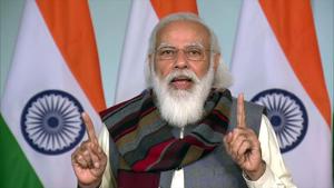 Prime Minister Narendra Modi addresses farmers at the 'Kisan Kalyan' event in Raisen (Madhya Pradesh) through video conferencing, in New Delhi on Friday.(ANI) Prime Minister Narendra Modi addresses farmers at the 'Kisan Kalyan' event in Raisen (Madhya Pradesh) through video conferencing, in New Delhi on Friday.(ANI)