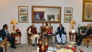 Prime Minister Narendra Modi with the then Pakistan prime minister Nawaz Sharis in Lahore on December 25, 2015.(PIB Photo) Prime Minister Narendra Modi with the then Pakistan prime minister Nawaz Sharis in Lahore on December 25, 2015.(PIB Photo)