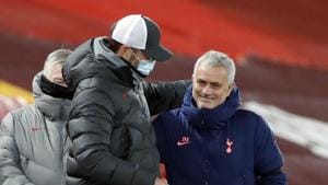 Liverpool manager Jurgen Klopp, left, interacts with Tottenham Hotspur manager Jose Mourinho after their English Premier League soccer match between Liverpool and Tottenham Hotspur at Anfield in Liverpool, England, Wednesday, Dec., 16, 2020.(AP) Liverpool manager Jurgen Klopp, left, interacts with Tottenham Hotspur manager Jose Mourinho after their English Premier League soccer match between Liverpool and Tottenham Hotspur at Anfield in Liverpool, England, Wednesday, Dec., 16, 2020.(AP)