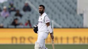 India's Cheteshwar Pujara walks off after he was caught out for 43 runs against Australia in 1st innings during their cricket test match at the Adelaide Oval in Adelaide.(AP) India's Cheteshwar Pujara walks off after he was caught out for 43 runs against Australia in 1st innings during their cricket test match at the Adelaide Oval in Adelaide.(AP)