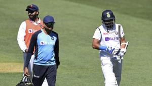 India's Mohammed Shami, right, retires hurt after he was struck on the forearm on the third day of their cricket test match against Australia at the Adelaide Oval in Adelaide, Australia, Saturday, Dec. 19, 2020. (AP Photo/David Mairuz)(AP) India's Mohammed Shami, right, retires hurt after he was struck on the forearm on the third day of their cricket test match against Australia at the Adelaide Oval in Adelaide, Australia, Saturday, Dec. 19, 2020. (AP Photo/David Mairuz)(AP)