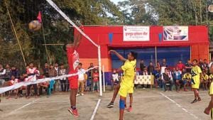 A game underway at the Brahmaputra Volleyball League.(HT photo) A game underway at the Brahmaputra Volleyball League.(HT photo)