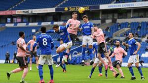 John Egan of Sheffield United battles for possession with Ben White of Brighton & Hove Albion.(Getty Images) John Egan of Sheffield United battles for possession with Ben White of Brighton & Hove Albion.(Getty Images)