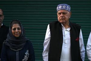 Jammu and Kashmir National Conference president Farooq Abdullah (R) poses along with former chief minister Mehbooba Mufti after a meeting in Srinagar on October 15.(AFP FILE) Jammu and Kashmir National Conference president Farooq Abdullah (R) poses along with former chief minister Mehbooba Mufti after a meeting in Srinagar on October 15.(AFP FILE)