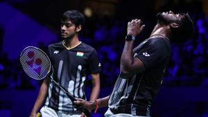 Satwiksairaj Rankireddy(R) and Chirag Shetty of India react after winning a point.(Getty Images) Satwiksairaj Rankireddy(R) and Chirag Shetty of India react after winning a point.(Getty Images)