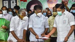 AIADMK has asked the Election Commission to conduct TN elections in second half of April. In picture, AIADMK’s chief ministerial candidate Edappadi K Palaniswami accompanied by other party leaders.(PTI) AIADMK has asked the Election Commission to conduct TN elections in second half of April. In picture, AIADMK’s chief ministerial candidate Edappadi K Palaniswami accompanied by other party leaders.(PTI)