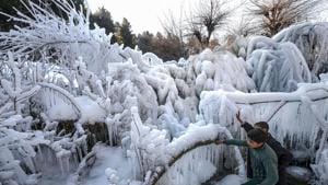 The mercury dipped to minus 4 degrees Celsius in Srinagar on the intervening night of Sunday and Monday, 2.5 notches below the normal, said a meteorological department officer.(PTI) The mercury dipped to minus 4 degrees Celsius in Srinagar on the intervening night of Sunday and Monday, 2.5 notches below the normal, said a meteorological department officer.(PTI)
