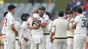 Australia's Nathan Lyon, left center, is congratulated by teammates after taking the wicket of India's Cheteshwar Pujara for 43 runs during their cricket test match at the Adelaide Oval in Adelaide, Australia.(AP) Australia's Nathan Lyon, left center, is congratulated by teammates after taking the wicket of India's Cheteshwar Pujara for 43 runs during their cricket test match at the Adelaide Oval in Adelaide, Australia.(AP)