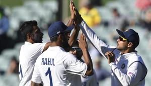 Indian players celebrate the wicket of Australia's Marnus Labuschagne on the third day of their cricket test match at the Adelaide Oval in Adelaide, Australia, Saturday, Dec. 19, 2020.(AP) Indian players celebrate the wicket of Australia's Marnus Labuschagne on the third day of their cricket test match at the Adelaide Oval in Adelaide, Australia, Saturday, Dec. 19, 2020.(AP)
