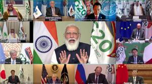 Prime Minister Narendra Modi addresses the 15th G20 summit via video conferencing in New Delhi.(ANI) Prime Minister Narendra Modi addresses the 15th G20 summit via video conferencing in New Delhi.(ANI)