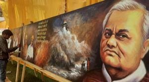 Lucknow, India – December 24, 2020: A physically impaired student from Dr. Shakuntala Misra National Rehabilitation University works on a painting of Atal Bihari Vajpayee during a three-day programme on Vajpayee’s 97th birth anniversary, at Sangeet Natak Academy in Lucknow, Uttar Pradesh, India on Thursday December 24, 2020. (Photo by Deepak Gupta/Hindustan Times) Lucknow, India – December 24, 2020: A physically impaired student from Dr. Shakuntala Misra National Rehabilitation University works on a painting of Atal Bihari Vajpayee during a three-day programme on Vajpayee’s 97th birth anniversary, at Sangeet Natak Academy in Lucknow, Uttar Pradesh, India on Thursday December 24, 2020. (Photo by Deepak Gupta/Hindustan Times)