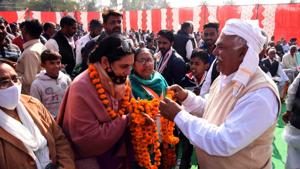 Congress mayoral candidate Upinder Kaur Ahluwalia campaigning in Panchkula. Congress mayoral candidate Upinder Kaur Ahluwalia campaigning in Panchkula.