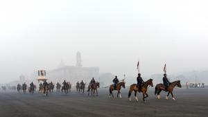 Members of the Presidential Guard rehearsing for the Republic Day parade on a foggy morning at Rajpath in New Delhi on December 24. A cold wave in underway over several parts of north western India including Jammu & Kashmir, Punjab, Haryana. The minimum temperature remained below five degrees Celsius for the fourth consecutive day on December 26, the India Meteorological Department (IMD) said. (Biplov Bhuyan / HT Photo) Members of the Presidential Guard rehearsing for the Republic Day parade on a foggy morning at Rajpath in New Delhi on December 24. A cold wave in underway over several parts of north western India including Jammu & Kashmir, Punjab, Haryana. The minimum temperature remained below five degrees Celsius for the fourth consecutive day on December 26, the India Meteorological Department (IMD) said. (Biplov Bhuyan / HT Photo)