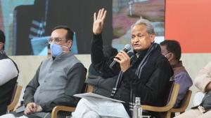 Rajasthan Congress In-Charge Ajay Maken and Chief Minister Ashok Gehlot at a media interaction on the completion of two years of the latter's government, at CM Residence, in Jaipur, Rajasthan.(Photo by Himanshu Vyas / Hindustan Times) Rajasthan Congress In-Charge Ajay Maken and Chief Minister Ashok Gehlot at a media interaction on the completion of two years of the latter's government, at CM Residence, in Jaipur, Rajasthan.(Photo by Himanshu Vyas / Hindustan Times)