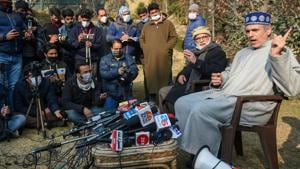 National Conference vice president Omar Abdullah hits out at J&K administration during a press conference in Srinagar on Saturday.(PTI) National Conference vice president Omar Abdullah hits out at J&K administration during a press conference in Srinagar on Saturday.(PTI)
