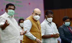 Union Home Minister Amit Shah with Tamil Nadu Chief Minister Edappadi K Palaniswami and Dy Chief Minister O Pannerselval at a programme in Chennai.(PTI) Union Home Minister Amit Shah with Tamil Nadu Chief Minister Edappadi K Palaniswami and Dy Chief Minister O Pannerselval at a programme in Chennai.(PTI)