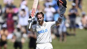 New Zealand cricket captain Kane Williamson celebrates on reaching his century during play on day two of the first cricket test between Pakistan and New Zealand at Bay Oval, Mount Maunganui.(AP) New Zealand cricket captain Kane Williamson celebrates on reaching his century during play on day two of the first cricket test between Pakistan and New Zealand at Bay Oval, Mount Maunganui.(AP)