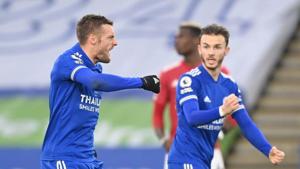 Leicester City v Manchester United - King Power Stadium, Leicester, Britain - December 26, 2020 Leicester City's Jamie Vardy celebrates scoring their second goal with James Maddison Pool via REUTERS/Michael Regan(Pool via REUTERS) Leicester City v Manchester United - King Power Stadium, Leicester, Britain - December 26, 2020 Leicester City's Jamie Vardy celebrates scoring their second goal with James Maddison Pool via REUTERS/Michael Regan(Pool via REUTERS)