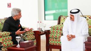 EAM S Jaishankar with H.H Father Amir Sheikh Hamad bin Khalifa Al-Thani.(Twitter/@DrSJaishankar) EAM S Jaishankar with H.H Father Amir Sheikh Hamad bin Khalifa Al-Thani.(Twitter/@DrSJaishankar)