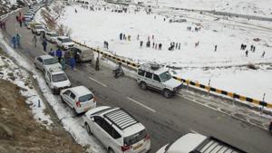 For the first time since it was opened for vehicular traffic, the tunnel witnessed a record single-day inflow of 5,450 vehicles on Sunday.(PTI PHOTO.) For the first time since it was opened for vehicular traffic, the tunnel witnessed a record single-day inflow of 5,450 vehicles on Sunday.(PTI PHOTO.)