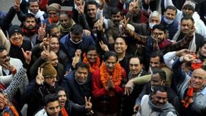 Haryana speak Gain Chand Gupta, newly elected Panchkula mayor Kulbhushan Goyal , Capt Abhimanyu and supporters celebrating their victory on Wednesday. (Photo by Keshav Singh/ Hindustan Times)