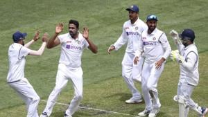 Melbourne:India's Ravichandran Ashwin, second left, celebrates with teammates(AP) Melbourne:India's Ravichandran Ashwin, second left, celebrates with teammates(AP)