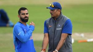India captain Virat Kohli chats with coach Ravi Shastri during Cricket World Cup on July 05, 2019 in Leeds, England.(Getty Images) India captain Virat Kohli chats with coach Ravi Shastri during Cricket World Cup on July 05, 2019 in Leeds, England.(Getty Images)