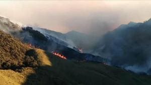 The forest fire that has been raging in the picturesque Dzukou Valley on the Nagaland-Manipur order since Tuesday.(https://twitter.com/NBirenSingh) The forest fire that has been raging in the picturesque Dzukou Valley on the Nagaland-Manipur order since Tuesday.(https://twitter.com/NBirenSingh)