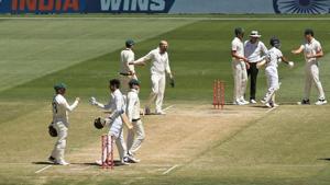 Australian players congratulate India's Ajinkya Rahane and Shubman Gill after India won the match on day four of the second test match between Australia and India at The MCG, Melbourne.(via REUTERS) Australian players congratulate India's Ajinkya Rahane and Shubman Gill after India won the match on day four of the second test match between Australia and India at The MCG, Melbourne.(via REUTERS)