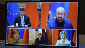 A screen displays live Chinese President Xi Jinping, top left, European Council President Charles Michel, top right, European Commission President Ursula von der Leyen, bottom right, French President Emmanuel Macron, bottom center, and German Chancellor Angela Merkel during an EU-China Leaders' meeting video conference at the European Council headquarters in Brussels.(AP) A screen displays live Chinese President Xi Jinping, top left, European Council President Charles Michel, top right, European Commission President Ursula von der Leyen, bottom right, French President Emmanuel Macron, bottom center, and German Chancellor Angela Merkel during an EU-China Leaders' meeting video conference at the European Council headquarters in Brussels.(AP)