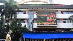 A digital screen on the facade of the Bombay Stock Exchange (BSE) building displays stock prices.(PTI) A digital screen on the facade of the Bombay Stock Exchange (BSE) building displays stock prices.(PTI)