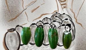 Pointed gourds take the place of leather jars in a sketch based on the tale of Alibaba and the 40 Thieves.(Photos courtesy @DeviMenon) Pointed gourds take the place of leather jars in a sketch based on the tale of Alibaba and the 40 Thieves.(Photos courtesy @DeviMenon)